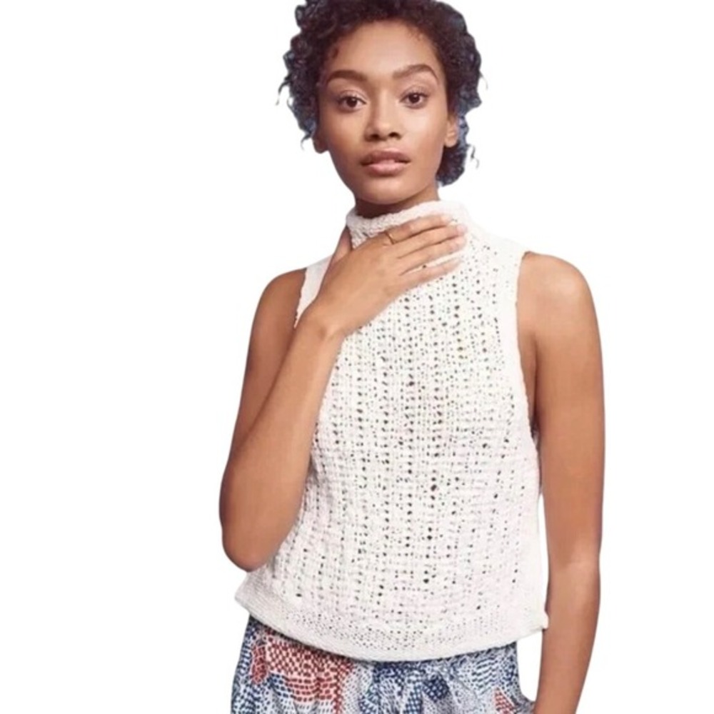 Anthropologie Moth Size L Ribbon Knit Sleeveless Sweater Tank White Coastal